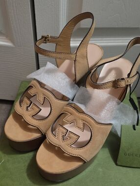Gucci Tan Suede Platform Sandals with Interlocking G